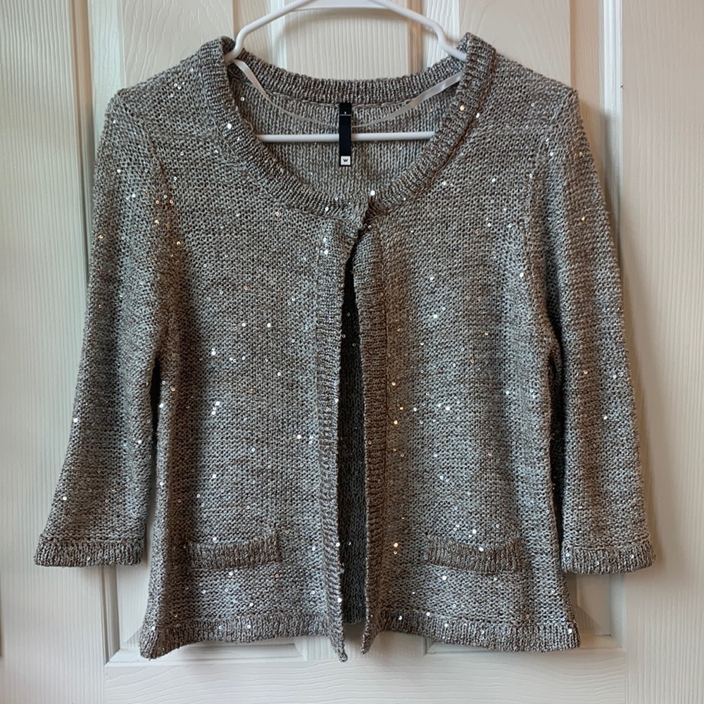 Woolworths Women’s knit sequins cropped Open Front Cardigan Small beige